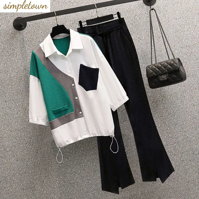 

2024 Spring/Summer Large Size Set with Temperament Splicing Contrast Color Shirt and Slim Slim Slim Pants Two Piece Set
