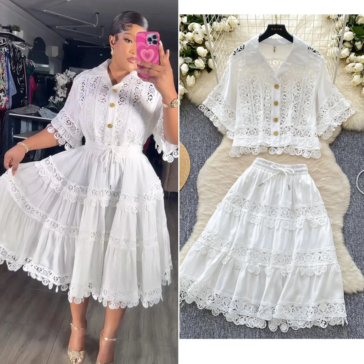 Luxury Hollow Out Dress Two Piece Set Women's 2025 Spring Embroidered Lace Jackets White Tops Pleated Short Skirts Suits