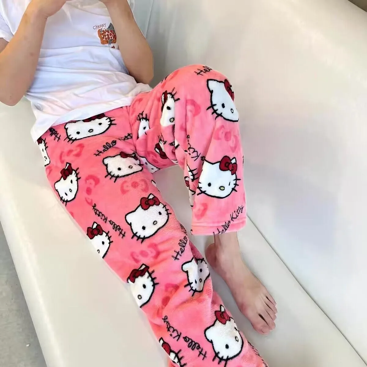 Pantalones de pijama sueltos de algodón de Hello Kitty para mujer, pantalones de franela, pantalones de dormir de dibujos animados, ropa de salón