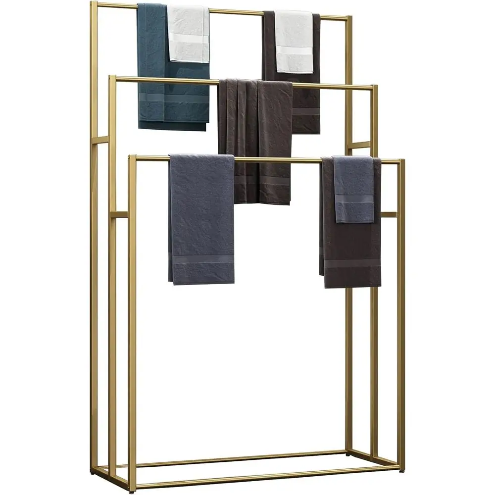 

Extra Wide Heavy-Duty 3-Tier Metal Towel Rack for Bathroom or Poolside - Matte Gold, 37.4” Wide