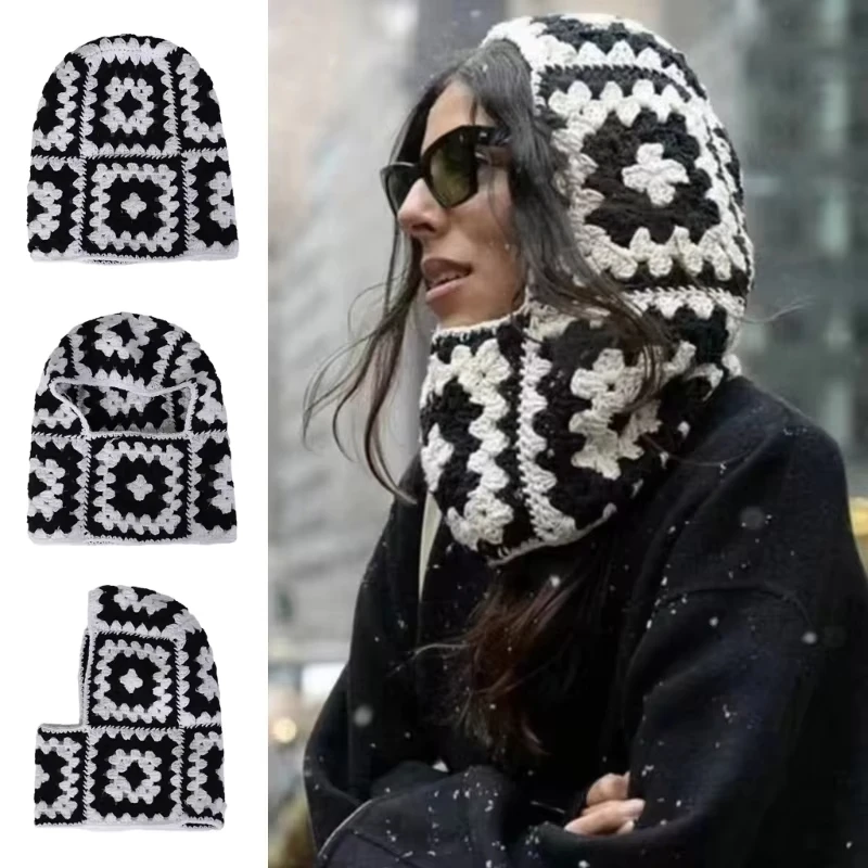 Autumn Winter Balaclava Hats for Women Handmade Crochet Knitted One-Piece Beanies Retro Floral Square Woolen Caps Earflap Bonnet