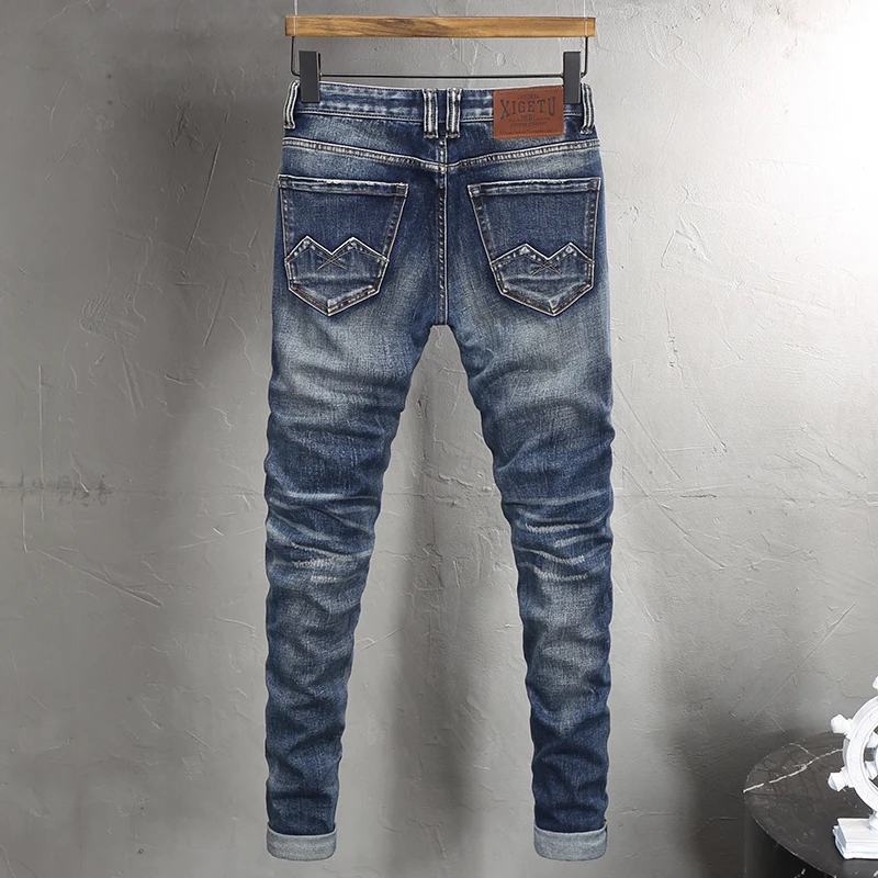 Fashion Designer Men Jeans High Quality Retro Blue Stretch Slim Fit Embroidery Patched Ripped Jeans Men Vintage Y2K Denim Pants