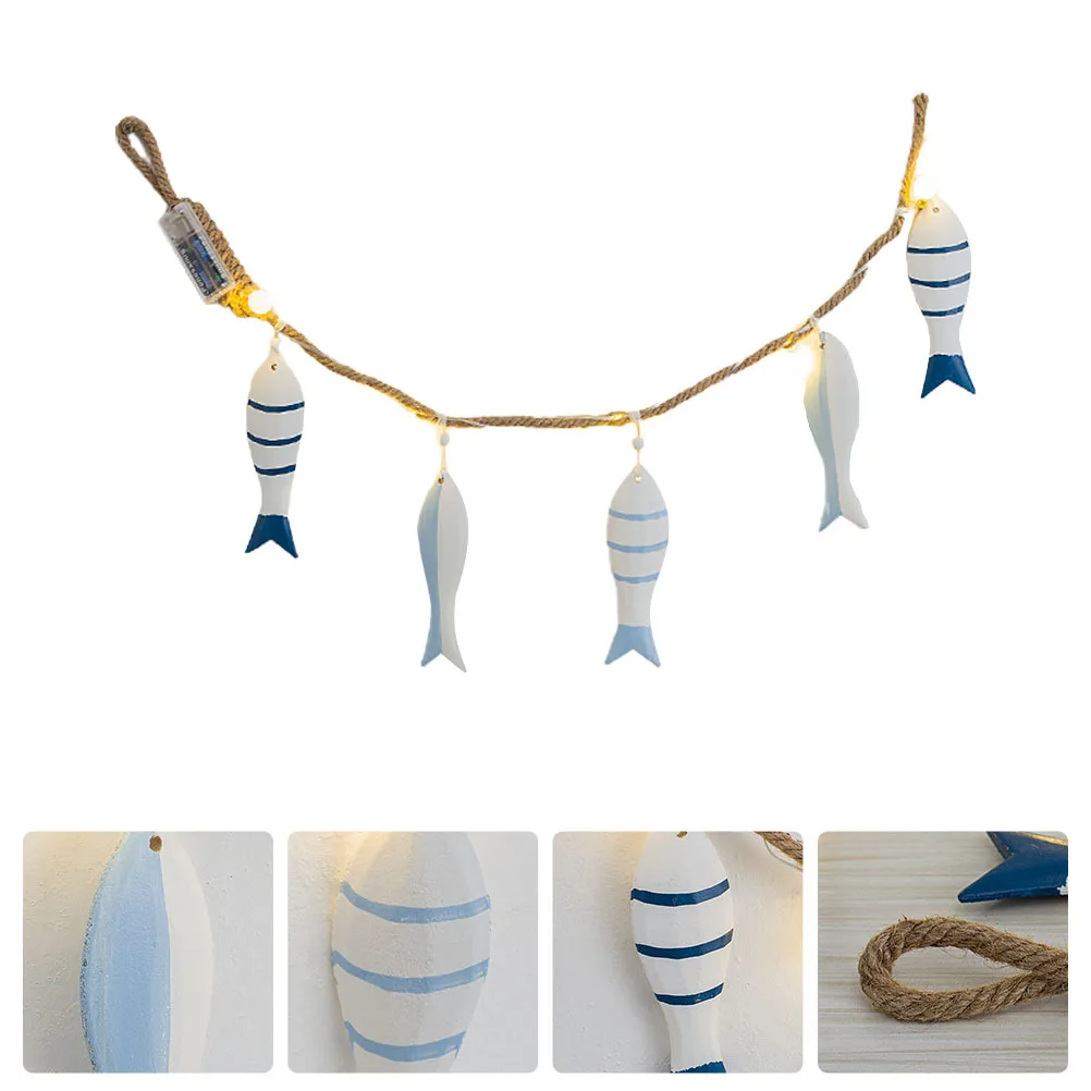

1Pcs LED Night Light Fish String Wall-Mounted Pendant Mediterranean Style Wood Hanging Decor Mediterranean Home Ornament Wooden