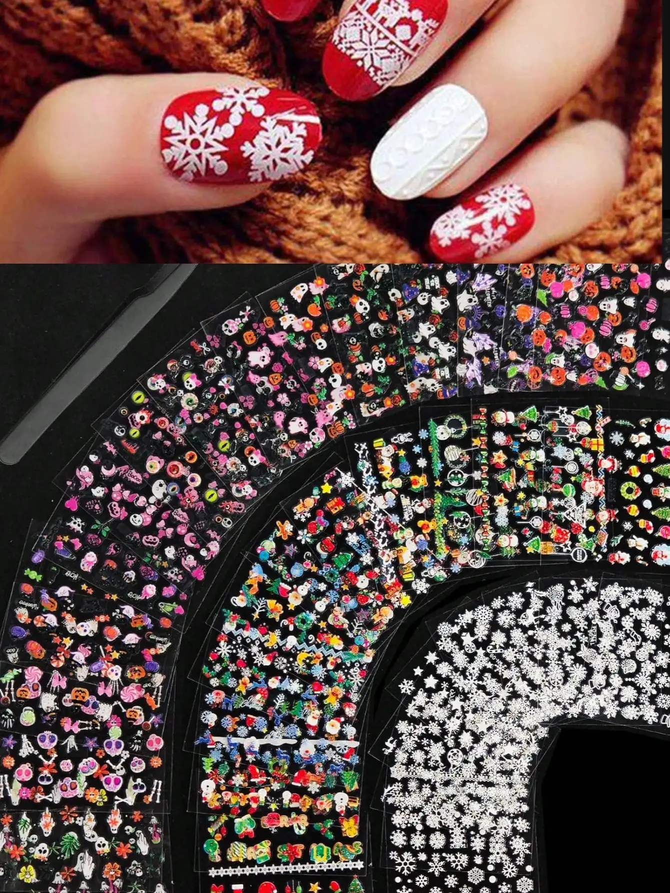 90 Blatt, 1000 Stück Nagelaufkleber für Nagelkunst, Weihnachten und Halloween, Nagelkunst-Aufkleber, 3D, selbstklebend, Weihnachten