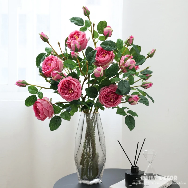 6pcs/lot ! High simulation real touch 3 heads artificial austin rose flowers decorative Moisturizing felt roses bunch