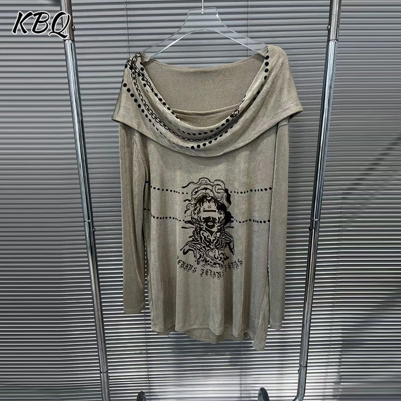 

KBQ Vintage Slimming Temperament Solid T Shirts For Women Round Neck Long Sleeve Spring Designer T Shirt Female Fashion Style