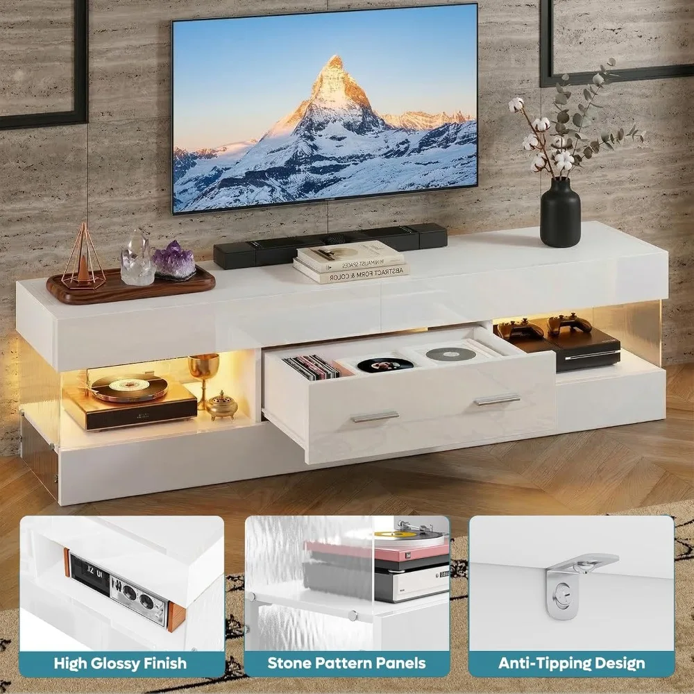 65" White Modern LED TV Stand,High Gloss Entertainment Console With Stone Texture Fits Up To 65 Inch TV, Custom