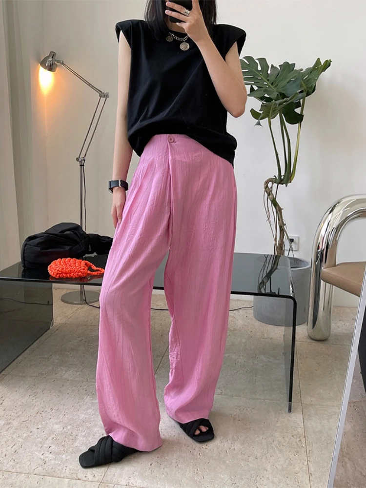 Spring and Summer New Pleated Texture Slanted Placket Casual Pants Wide-leg Korean Loose Cool Trousers Women