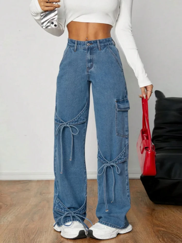 

HOUZHOU Y2k Sweet Bow Lace Up Vintage Women Jeans Harajuku Wide Leg Korean Fashion Denim Pants Baggy Pockets Chic Casual Spring