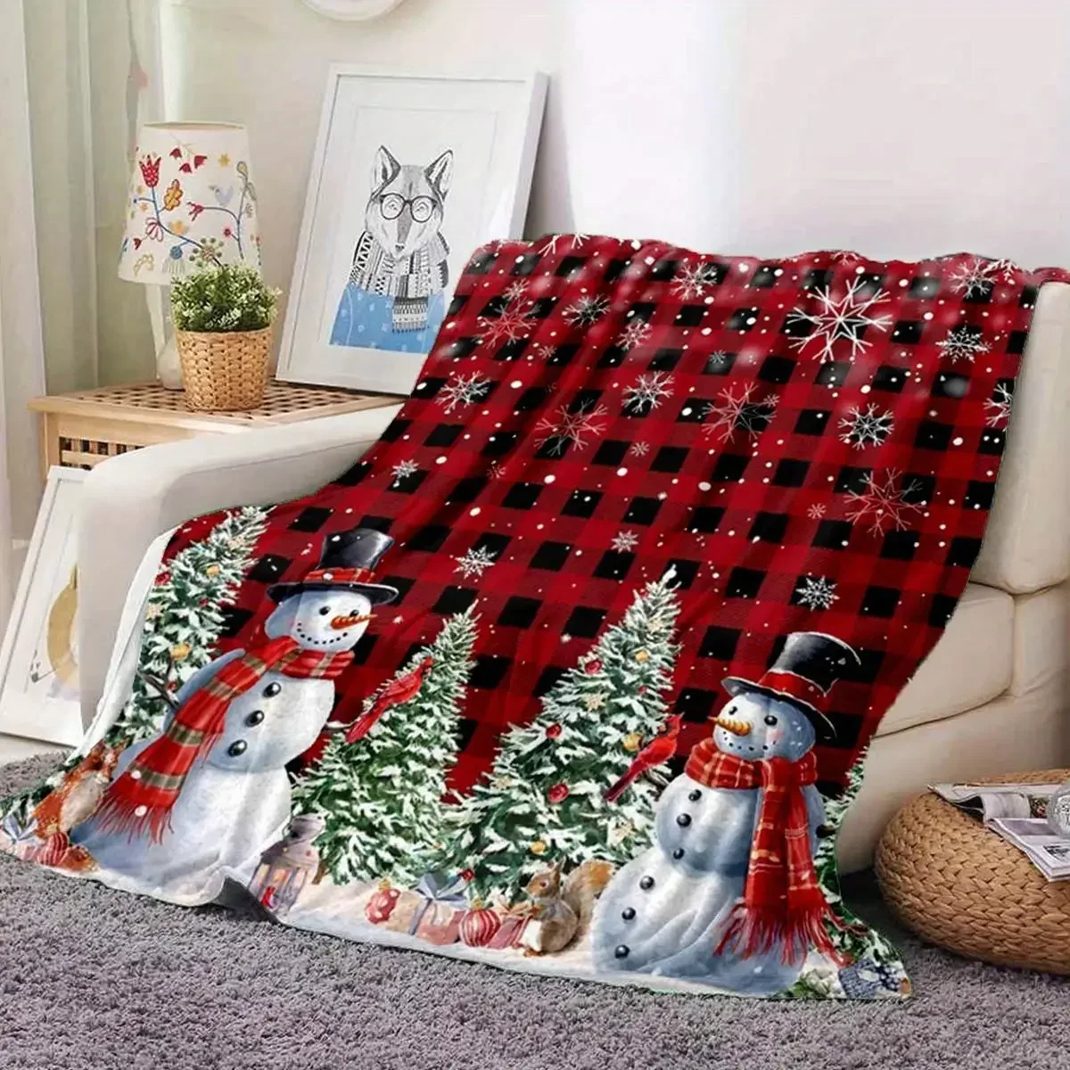 Christmas Snowman Red Plaid Printed Polyester Blanket Soft Warm Blanket For Living Room Bedroom Bed Sofa Twin Car Camping