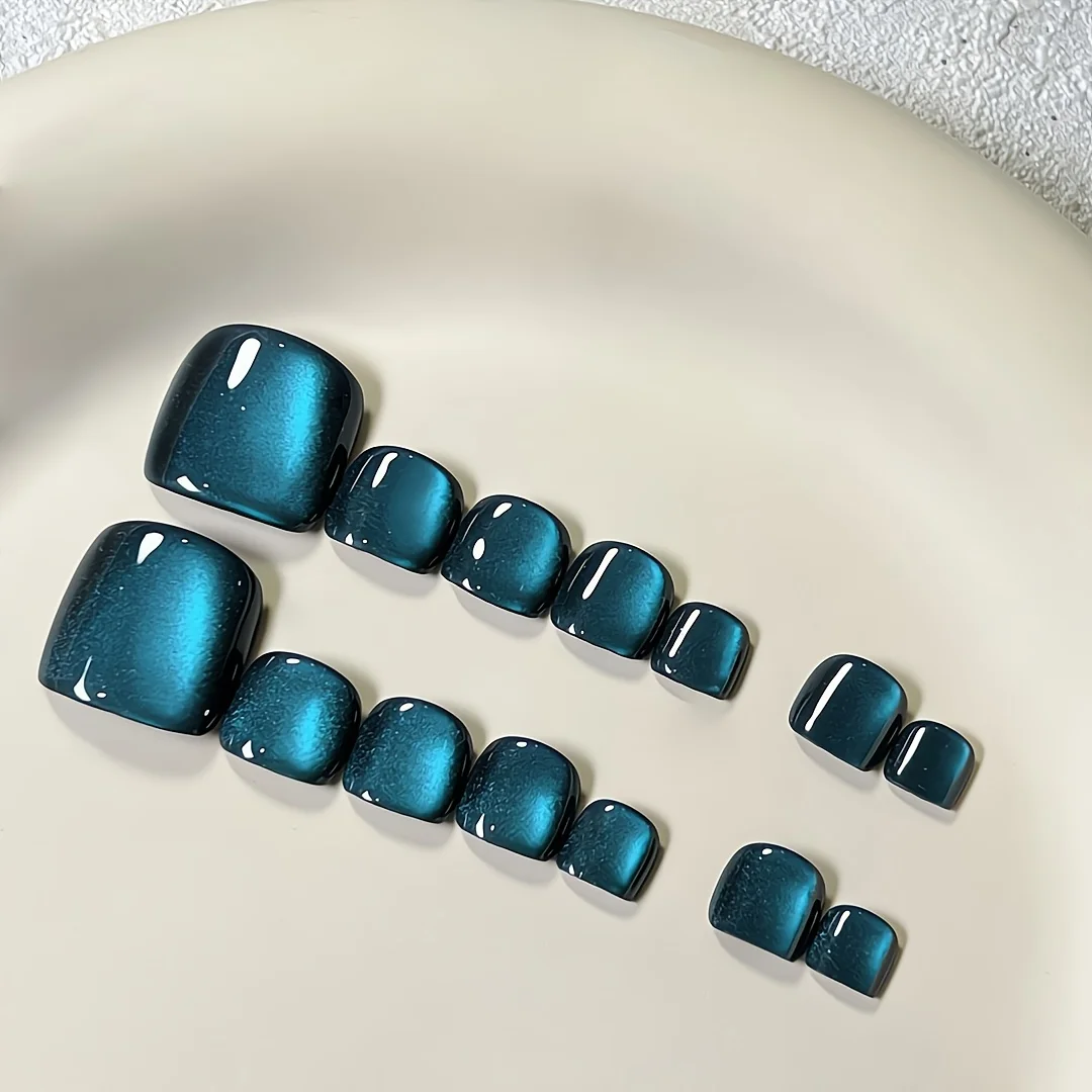 

10pcs Handmade Press on Toenails Blue Flashing Cat's Eye Full Coverage Nail Pieces Short Square Removable Toenail for women&Girl