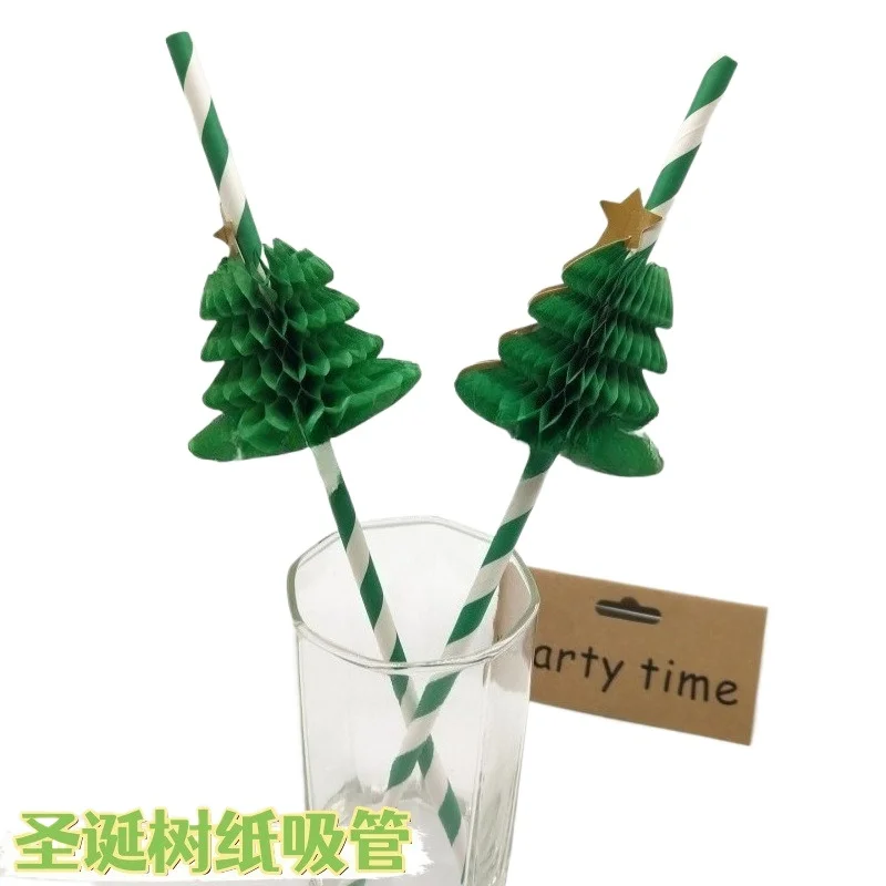 Christmas Tree Paper Straws Decorative Straws Baking Desserts Fruit Sticks Party Decorative Paper Straws Christmas Day