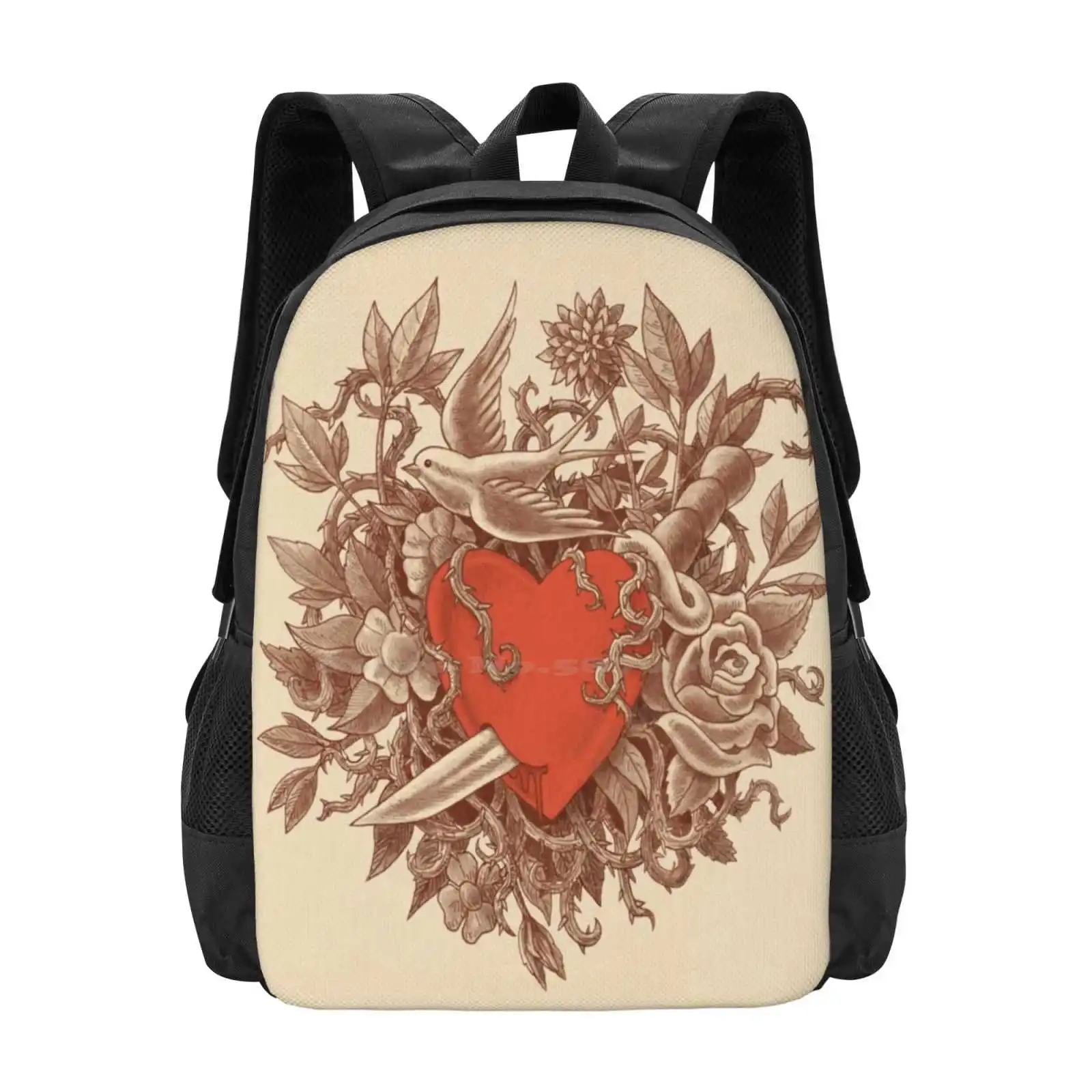 Heart Of Thorns 3d Print Design Backpack Student Bag Heart Love Red Valentines Vintage Tattoo Swallow Rose Floral Flowers Bird