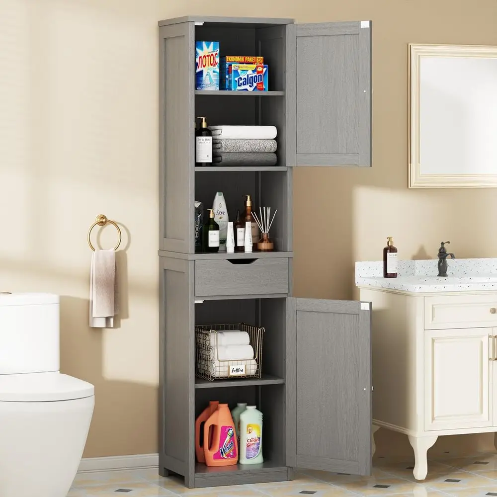 

Space-Saving Tall Cabinet with Adjustable Shelves for Bathroom, Living Room, and Kitchen in Gray