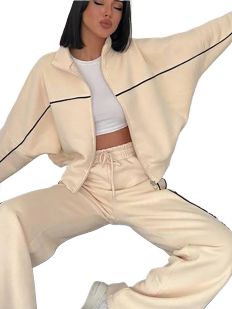 

Повседневный комплект, кардиган с длинным рукавом и полувысоким воротником, толстовка на молнии, галстук с эластичной резинкой на талии, удобные полосатые брюки, комплект спортивных брюк