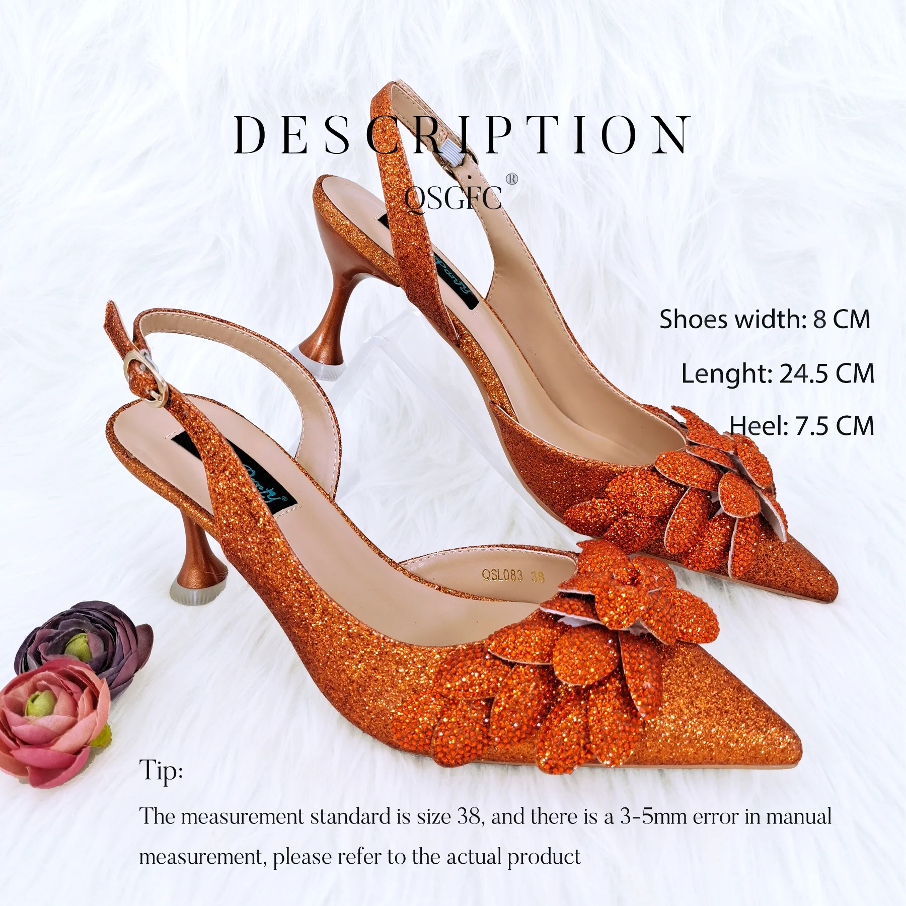 Nigeria Style Orange Color Fashion High Heels Shoes And Bag Wear-resistant And Comfortable Flowers With Rhinestone Embellishment