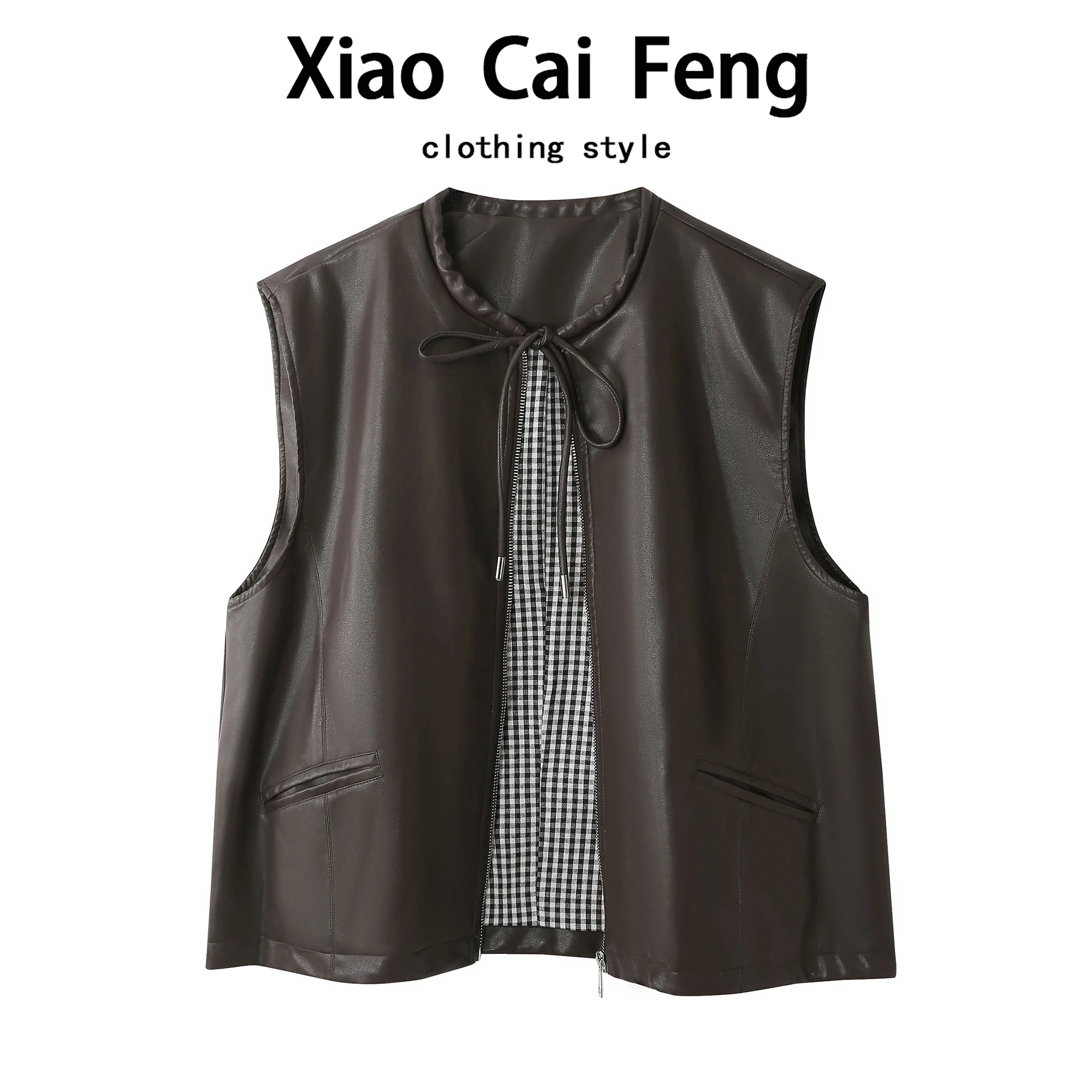 

Retro PU Leather ort Vest Jaet Women's Design Sense Dstring Svel Motorcycle Clothes ort Outerwear