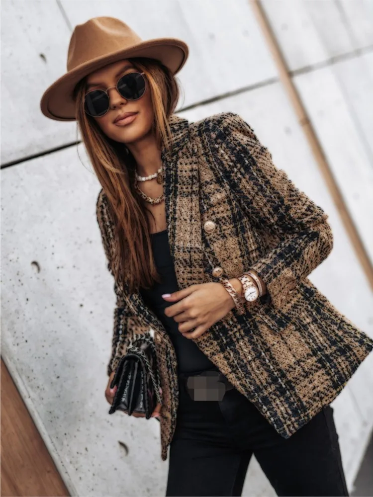 2025 Women New Double Breasted Plaid Blazer Coat Vintage Long Sleeve Flap Pockets Casual Buttons Autumn Blazer Female Outerwear