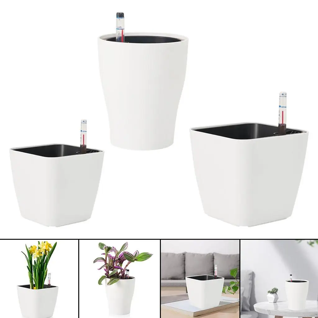 Decorative Self Watering Plastic Planter Pots with Water Indicator for Home Office Garden Flower Display