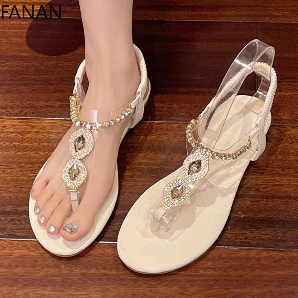 

Модные женские сандалии со стразами и открытым носком, лето 202, новые элегантные нескользящие белые туфли на плоской подошве в римском стиле, пляжная обувь, тапочки