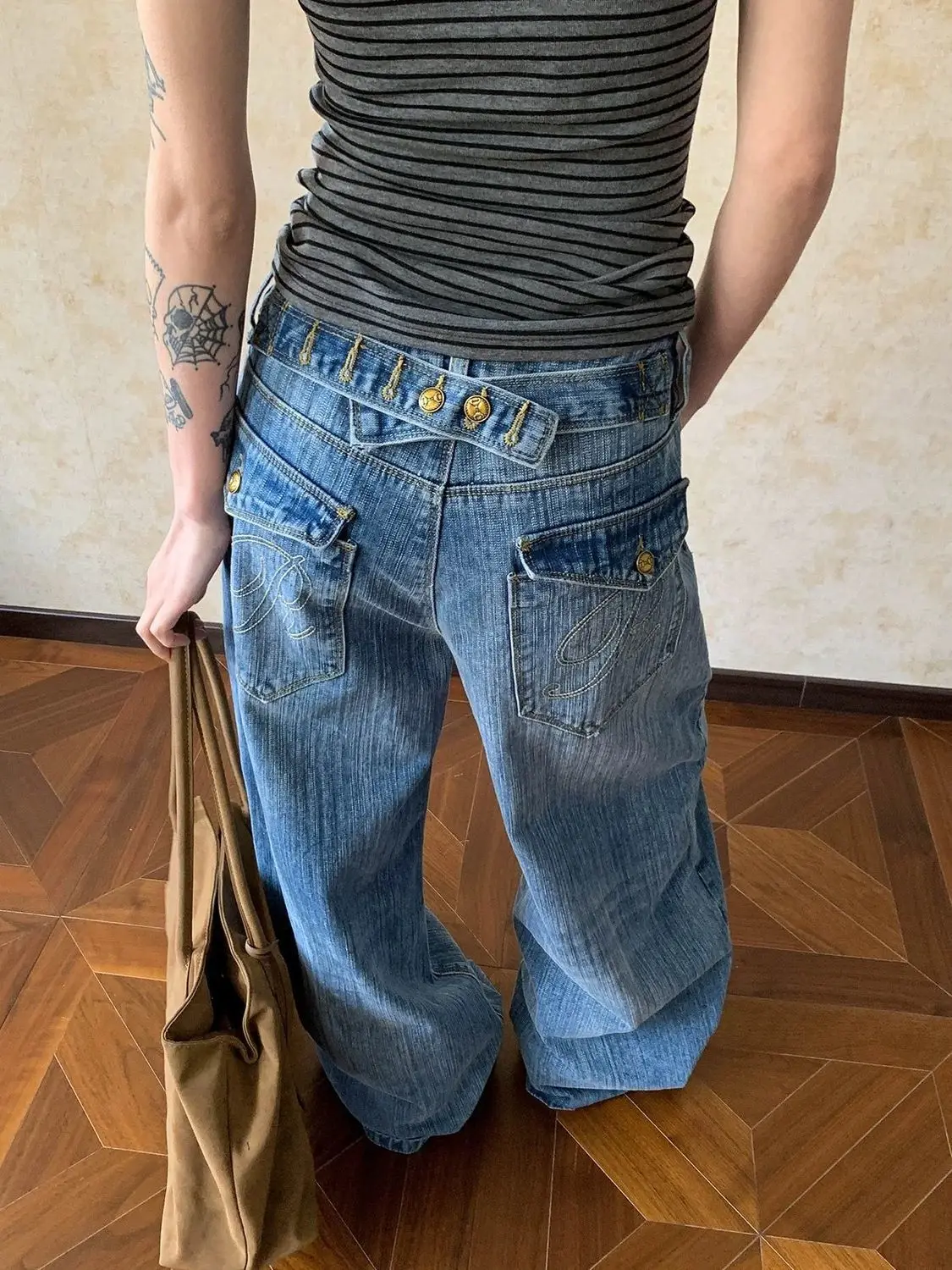 

Women American Retro Paris Buckle Bamboo Denim Jeans Loose Casual Vintage Washed Design Straight Leg Long Pants Y2K High Waist