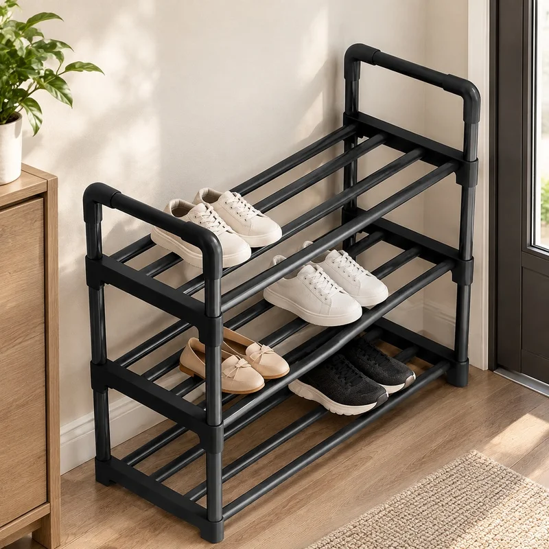Compact Black Shoe Rack with Multiple Levels, Space-Efficient Organizer for Dorms and Hallways