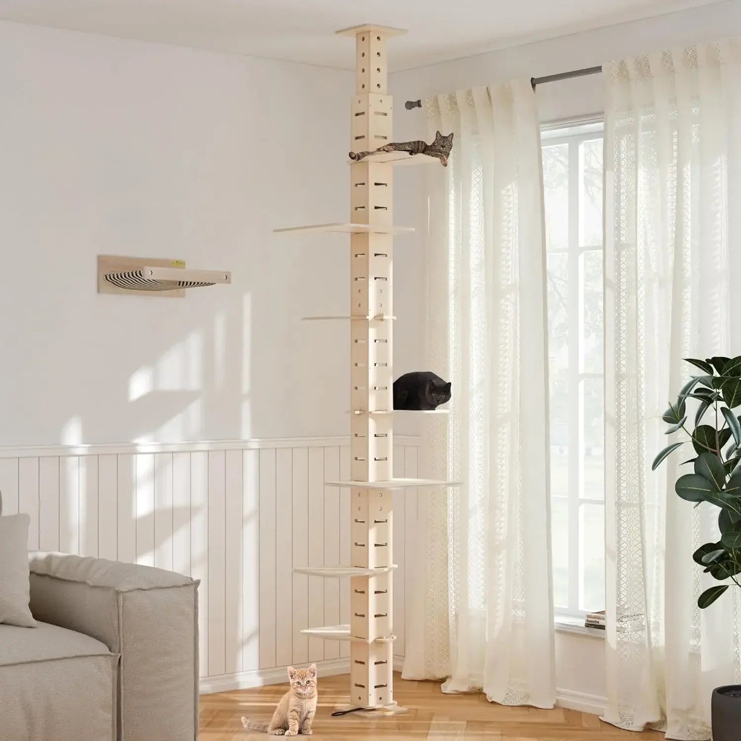 Tall Cat Tree Floor to Ceiling Cat Tower with Adjustable Height Cat Climbing Activity Tree with Platform, Natural