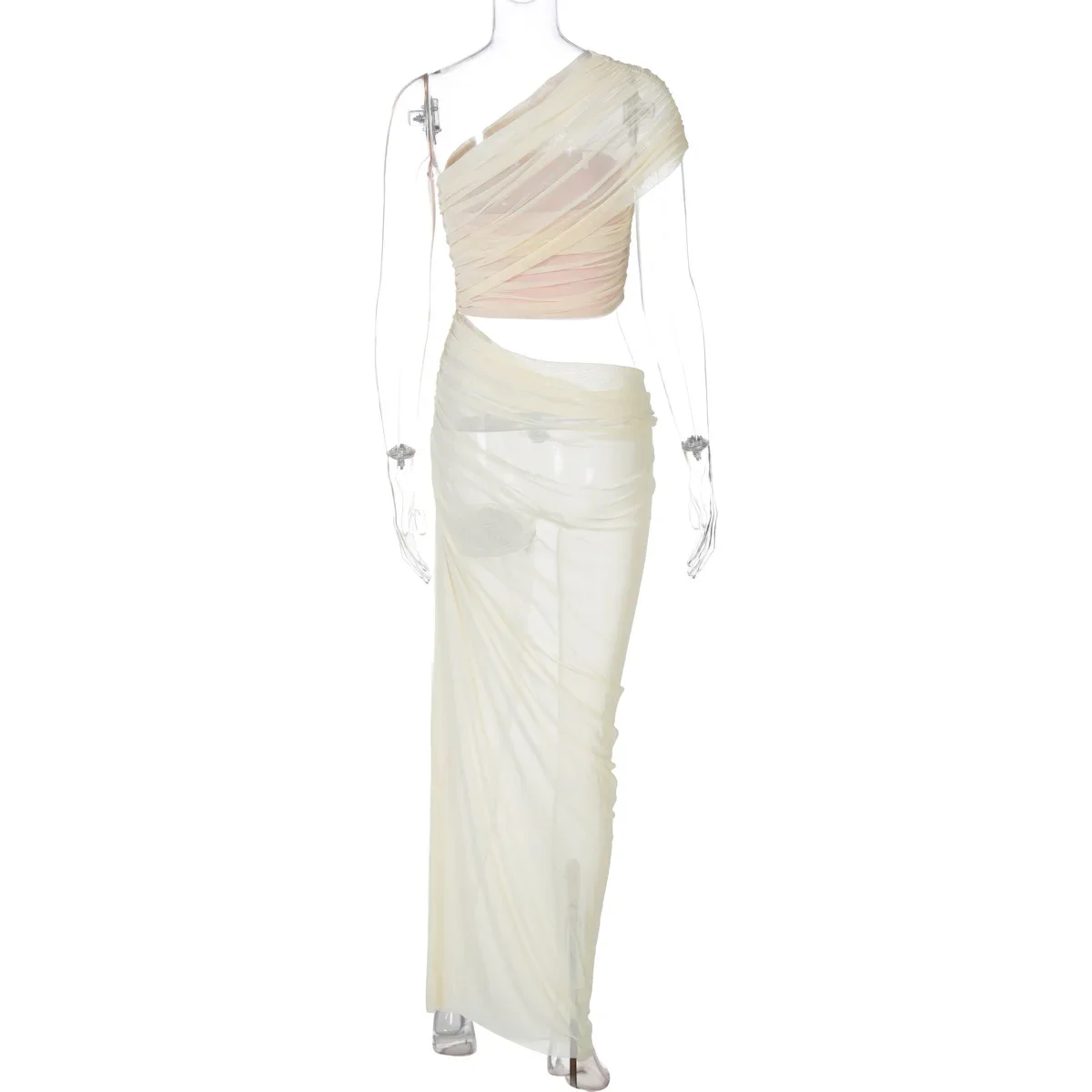 여성 섹시한 셔링 메쉬 Bodycon 맥시 파티 드레스를 통해 볼 수 있습니다. 한 어깨 Strapless Backless 컷 아웃 휴가 해변 긴 가운