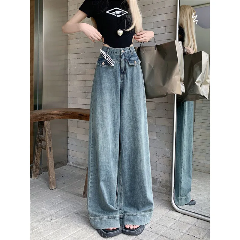 

Lady High Waist Baggy Thin Jeans High Street Retro Female Niche Design Denim Pants Girls Chic Ins Fashion Wide Leg Trousers