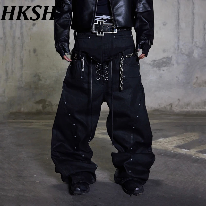 HKSH Spring Autumn New Men Dark Double Waist Drawstring Brushed Wax Rivet Jeans Trendy Fashion Punk Heavy Wide Leg Pants HK14536
