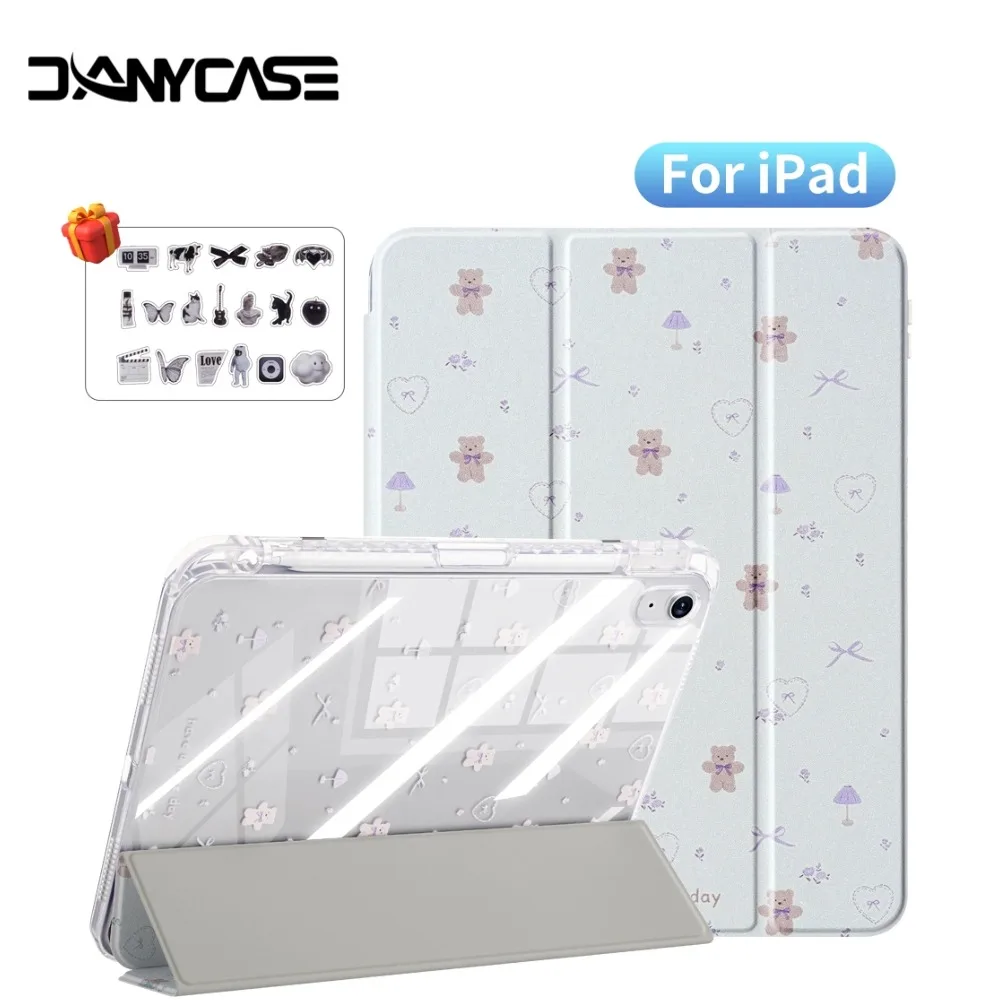 For ipad a16 case 11th 10th Gen Air11 M2 M3 M4 Air 4 5 Case Tri-Fold Bear Bow Cute Clear Transparent Smart Stand Auto Sleep Wake