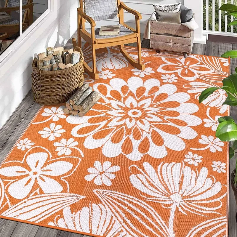 Outdoor-Strohhalmteppich aus Kunststoff, 6 x 9 Fuß, lustiger Blumenstil, wendbare Terrassenteppiche, wasserdicht, fusselfrei, tragbar