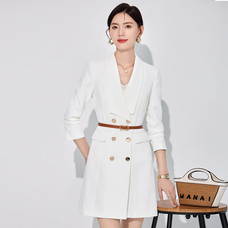 

Professional Suit Collar Dress for Women, Autumn and Winter Workplace Elegant Goddess Style, Mid-Length Dress for Interviews, Wh