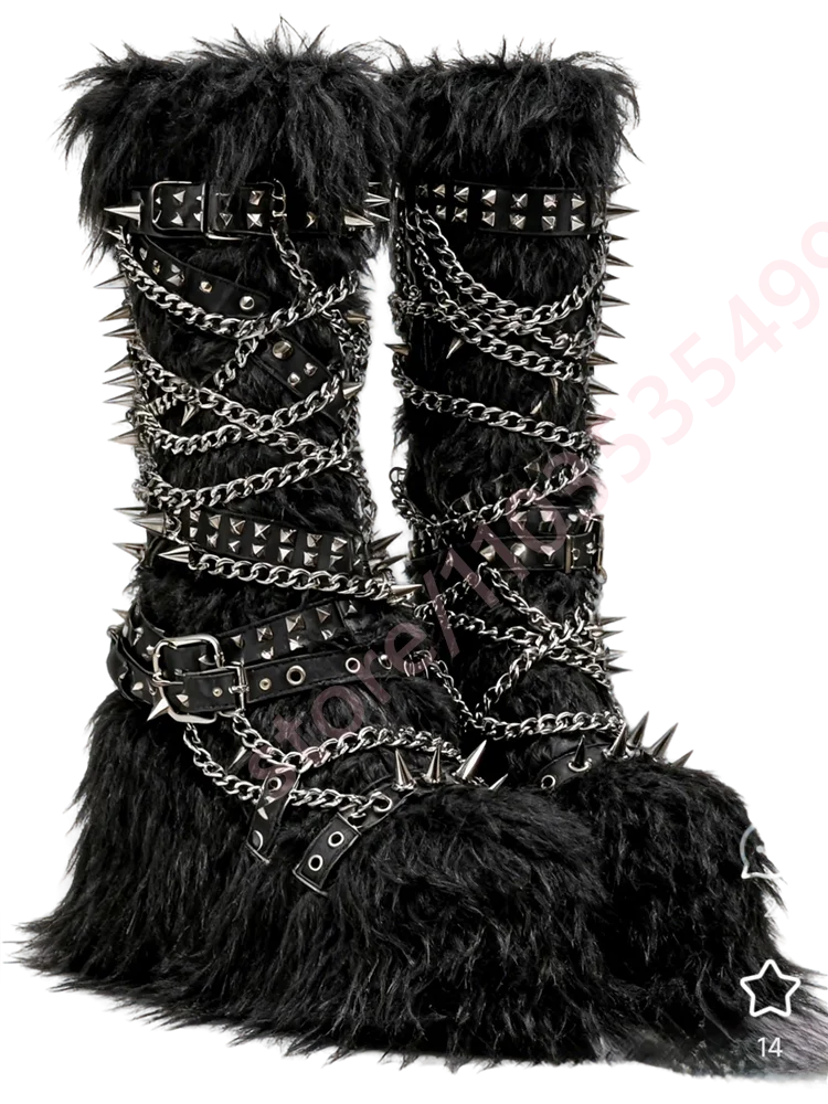 

Черные плюшевые теплые ботинки в стиле киберпанк с шипами, зима 2024, новый стиль, уличные зимние ботинки в стиле рок, модные вечерние повседневные длинные сценические ботинки