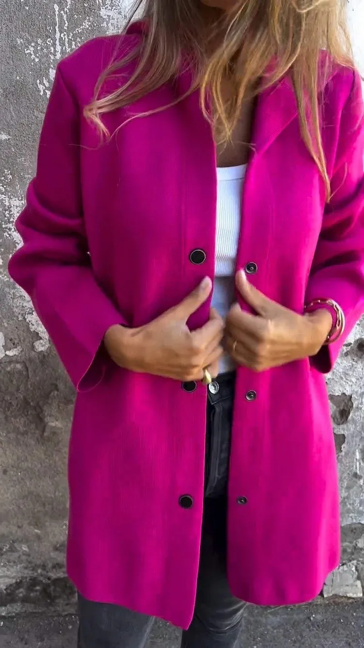 Otoño Invierno Amazon moda de manga larga chaqueta sólida mujer abrigo botón gorra suéter