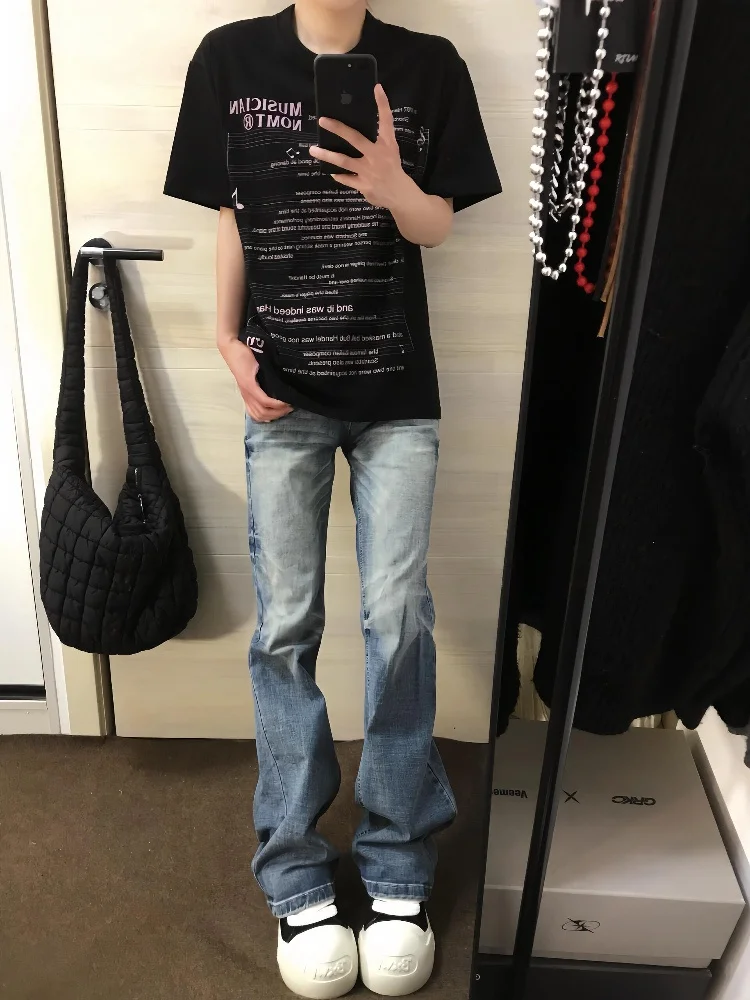 

Waed Retro Light Blue Men's American Micro Flare Jeans High Street Vibe Knife Straight Leg Jeans Youth Trend Wear Resistant