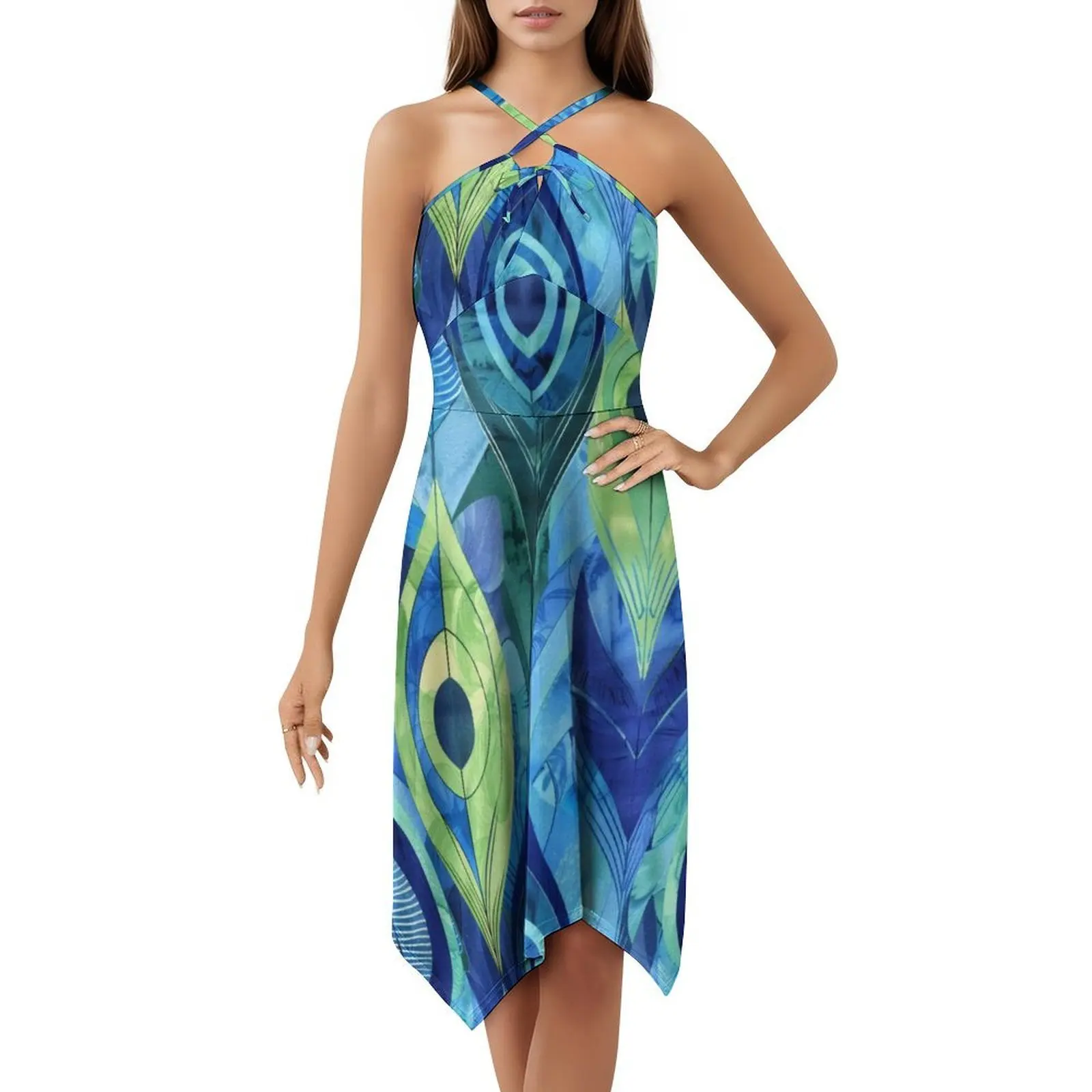 نمط سلس: ريش الطاووس بألوان مائية على الطراز الكوري للنساء فستان كاجوال أنيق للحفلات أو الارتداء اليومي
