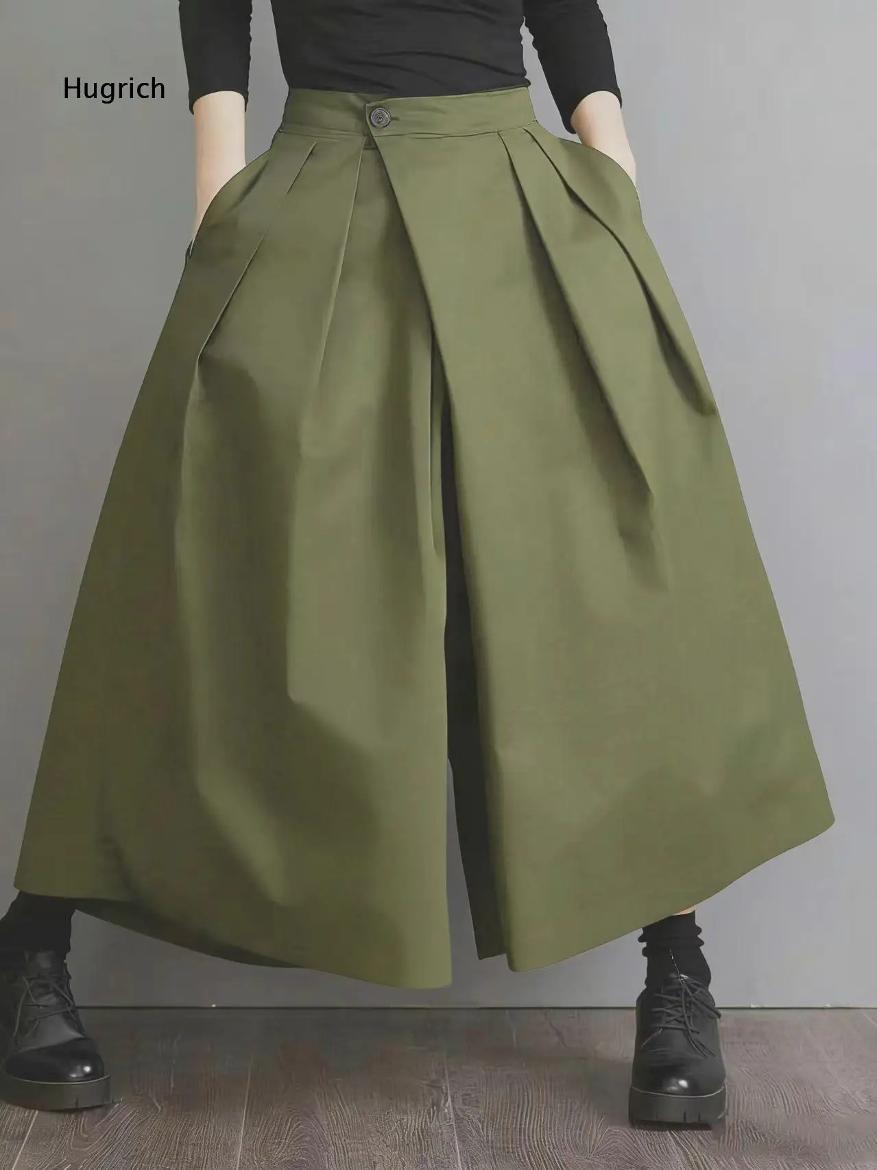 Cross Over Front Pleated Gaucho Pants High Rise Single Closure Button Relaxed Oversized Midi Length Bottoms