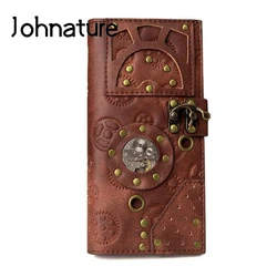 Johnature Steampunk Retro Porta carte di credito per le donne 2024 Nuovo lungo Hasp tinta unita rivetto in pelle Pu borsa per il tempo libero femminile