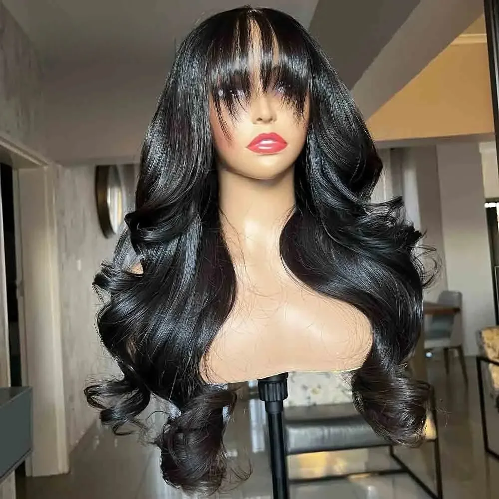 Black Color Body Wave Lace Front Wig With Bangs 13x4 HD Lace Wig Pre Plucked Synthetic And Blend Party and Holiday Use For Women