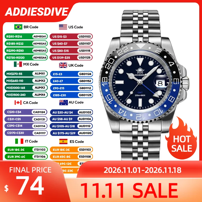 ADDIESDIVE AD2050 Luxury GMT Watch Stainless Steel Super Luminous 20Bar Water-Resistance Diving Men Quartz Watches Ceramic Bezel