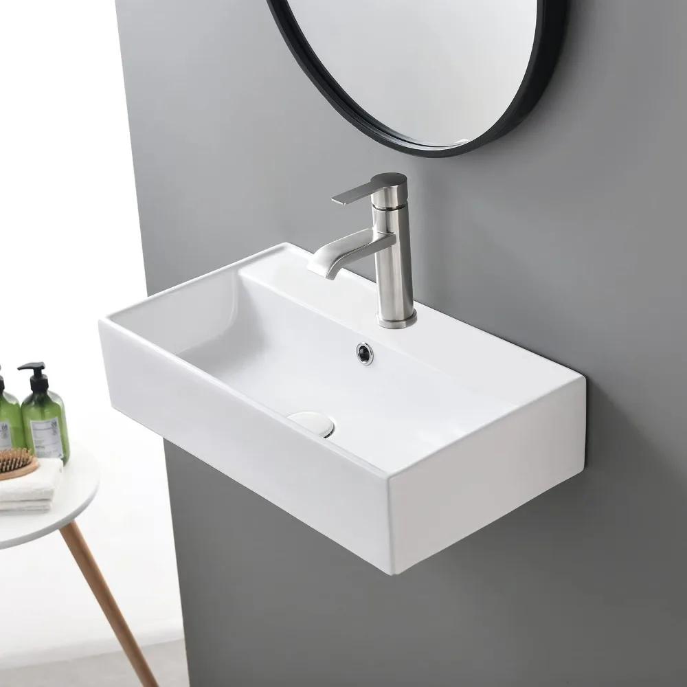 Contemporary Ceramic Wall Hung Bathroom Container Sink Rectangular Single Hole Bowl Laundry Half Bath Small Bathroom Sink Home