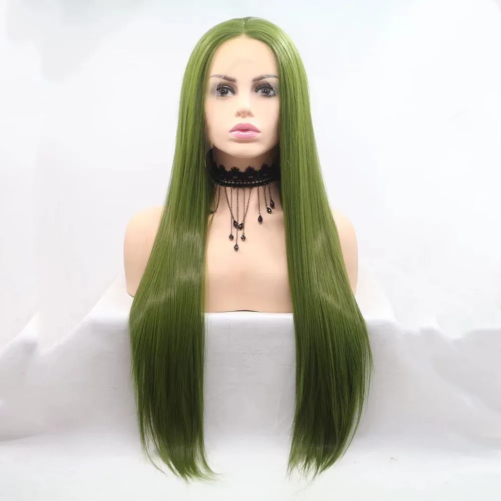 

Синтетические зеленые парики с прямым краем, длинные, шелковистые, прямые, для женщин, из термостойкого волокна.