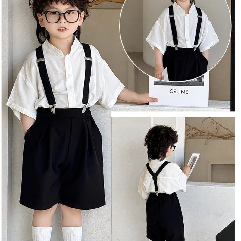 

3 PCS set Summer Boy Clothing set Shirt+overalls Shorts + Tie Kid Children baby toddler boy Gentleman Handsome clothes 2-9 years