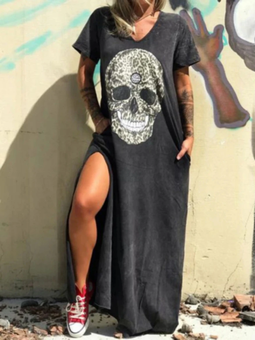 

2020 Summer Dress Women Casual Punk Loose Short Sleeve Skull Print Female Dress Streetwear Side High Split Flower Female Vestido