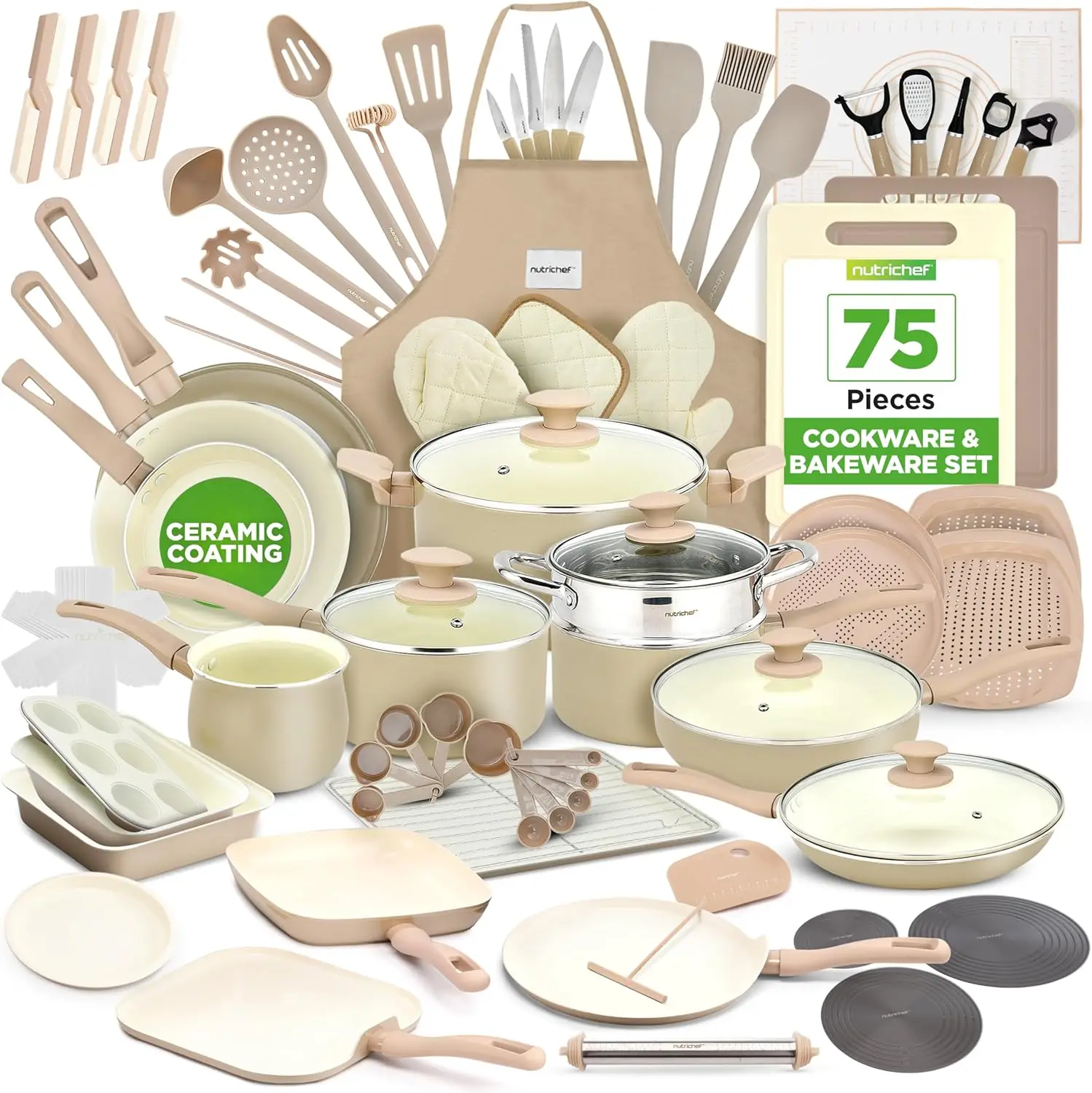 

75-Piece Non-Stick Pots and Pans Set, Complete Ceramic Cookware Set with Bakeware, Utensils, Knife Set, & Accessories, Stain-Res