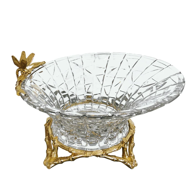 

Art Fruit Tray with Legs Project Home Decor, Exhibition Restaurant Crystal Fruit Tray with Brass Accessories