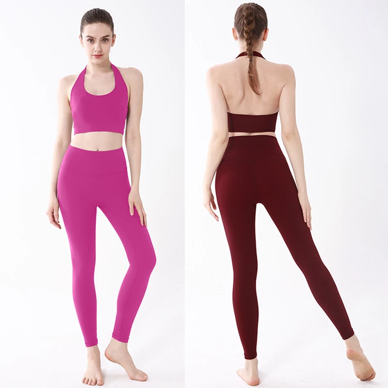 Women's 2 Pieces Yoga Set Sexy hanging Neck Design High Waist Lifting Leggings Quick Dry Breathable Fitness Pilates Sportswear