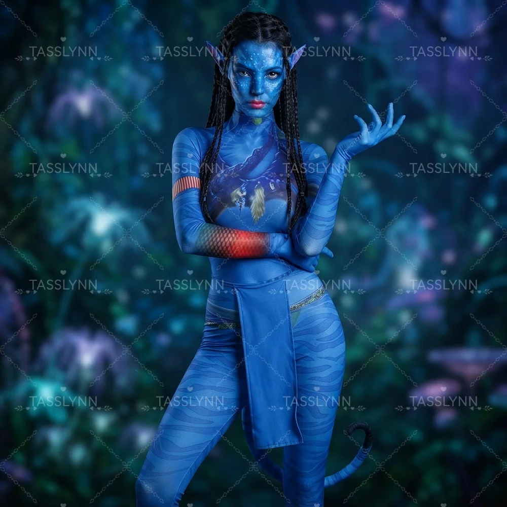 Neytiri Cosplay Zentai Bodysuit Blue Skin Texture Full Body Jumpsuit with Tail for Women Halloween Neytiri Zentai Suit view 3