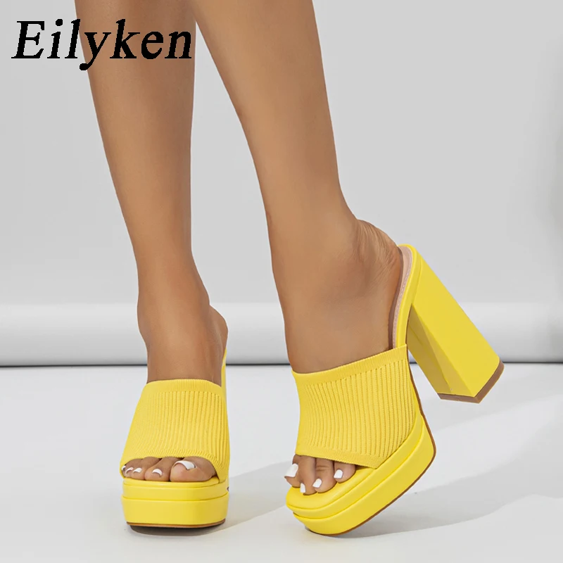 Eilyken Cosy Stretch Fabric Knitted Chunky High Heels Women Slipper Fashion Platform Open Toe Wedding Party Ladies Shoes